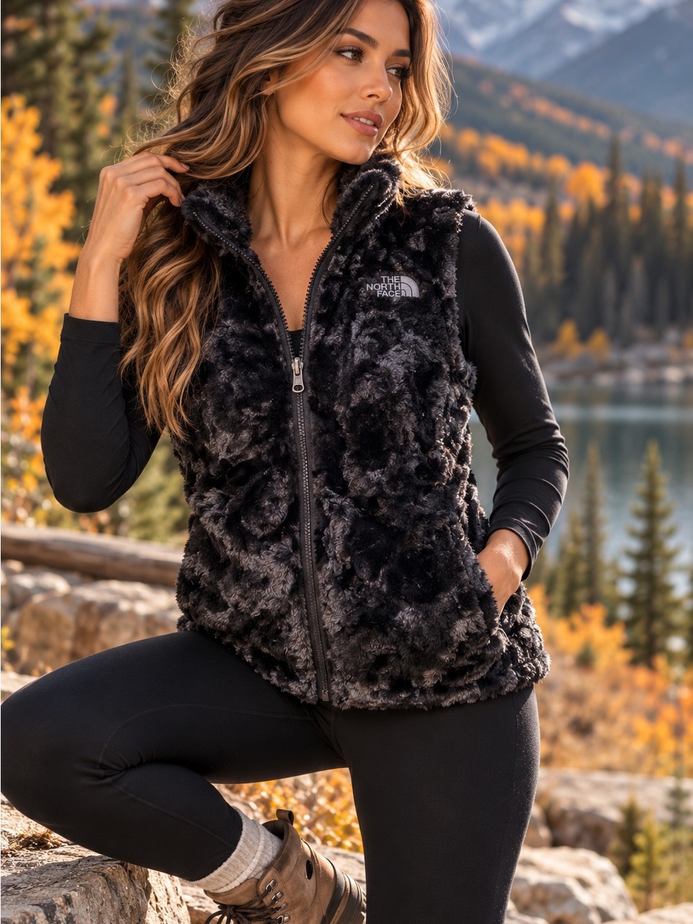The North Face Mossbud Swirl Reversible Vest Black Fleece Puffer